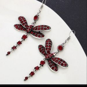 3XHP! NWT Boho Red Crystal Dragonfly Earrings!